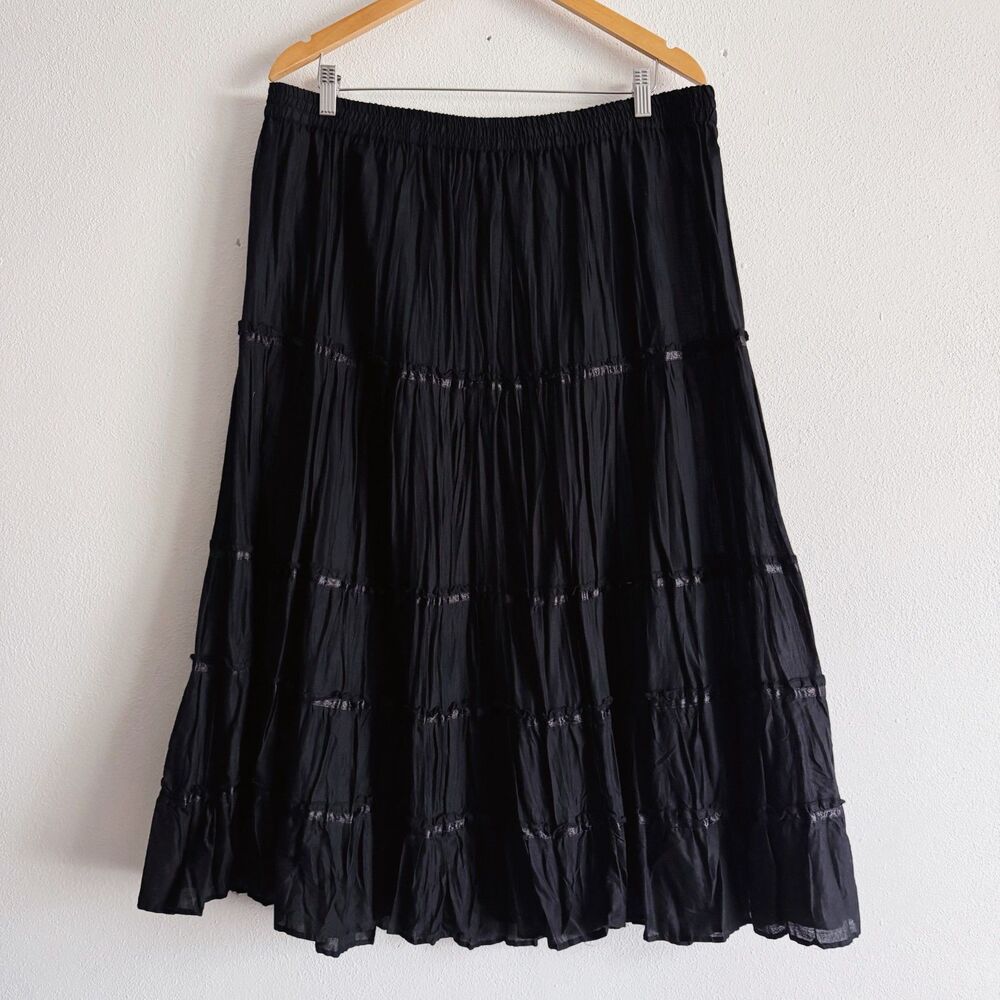 y2k vintage crinkle texture tiered black maxi skirt